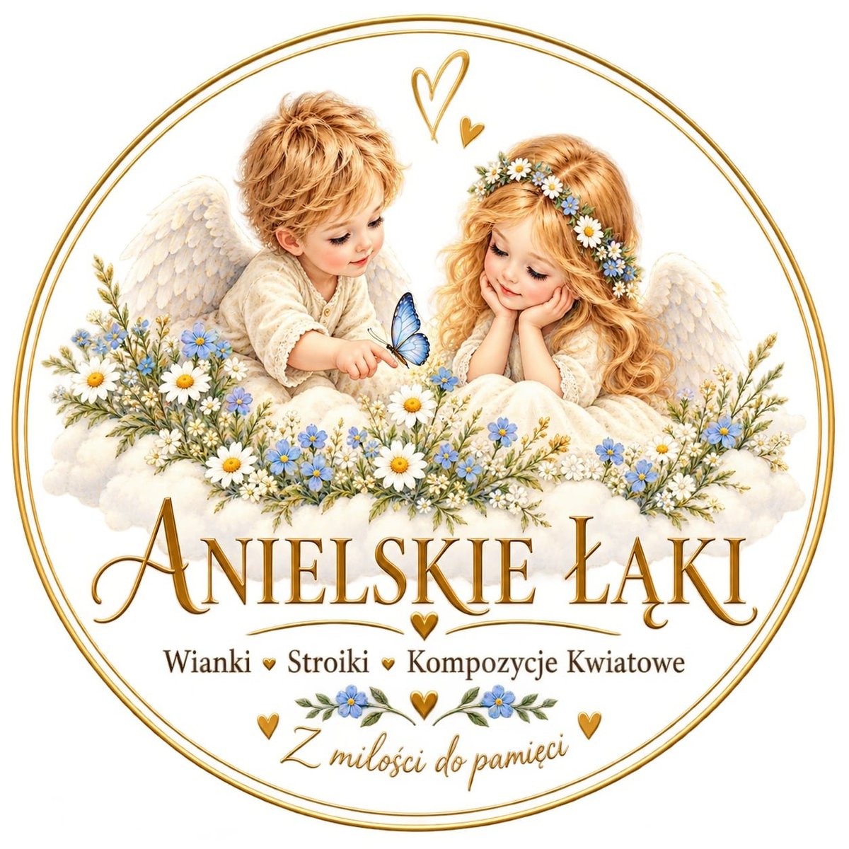 Anielskie Łąki — dwaj aniołkowie ze skrzydłami otoczeni stokrotkami i niebieskimi kwiatami w okrągłej złotej ramie
